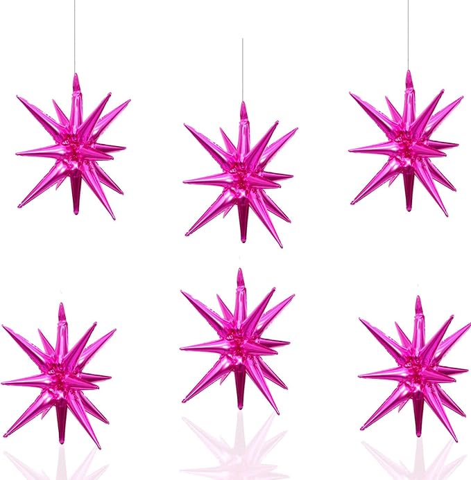 6 Pcs Rose Red Star Foil Balloons One-Piece 14-Pointed Star Balloon 4D Starburst Cone Mylar Balloon 22inch Christmas Birthday Wedding Wedding Anniversary Party Supplies(Rose Red)