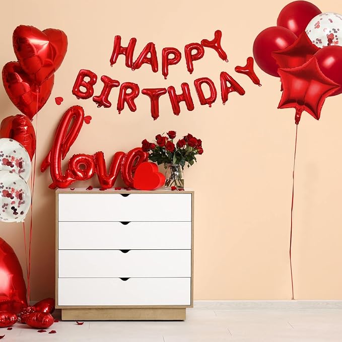 27 Pcs Red Birthday Decorations, 3D Foil Red Happy Birthday Balloon Banner, Pentagram Heart Foil Balloons Confetti Balloons Kit For Boys Girls Birthday Party Supplies