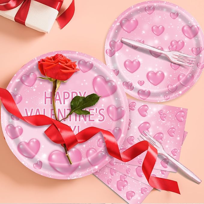 96 Pieces Valentine’s Day Tableware Set – Pink Heart Disposable Plates and Napkins for Romantic Dinners, Weddings, Anniversaries, and Valentine Parties – Serves 24 Guests