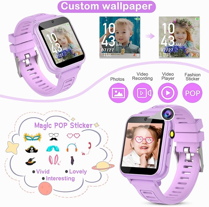 Kids Smart Watches Girls with HD Touch Screen Camera Music Player 39 Puzzle Games Pedometer Alarm Clock Calculator Torch, 12/24 hr Kids Watches Toys for Age 3-12 Year Olds Gifts Girls