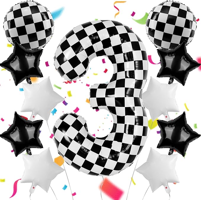 40 Inch Checkered Number Balloons 3 Black and White Foil Balloon for Girls & Boys Racing Car Theme Birthday Party Decorations, Party Supplies & Favors (Number 3)