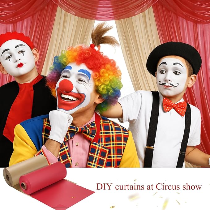 Moukeren 40'' x 100' Circus Tablecloth Roll Plastic Tablecloth Disposable DIY Carnival Tent Party Supplies for Big Top Tent Backdrop Curtains Ceiling Wall Drapes (Beige, Red,4 Roll)
