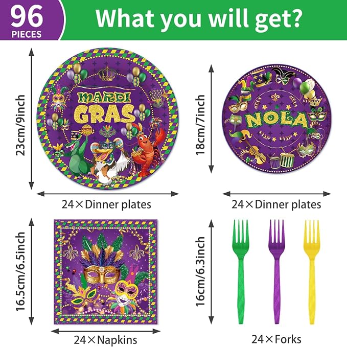 96Pcs Carnival Nola Paper Plates Napkins Forks Carnival Theme Party Decorations Tableware Set Mask Fat Tuesday Party Supplies Serve 24 Guests