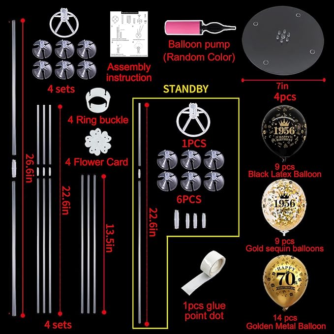 TONIFUL 4 Set 70th Birthday Decorations 1956 Balloon Centerpiece for Table,Black Gold Balloon Stand Kit,Perfect for celebrating born in 1956,Cheers to 70 Years Birthday for Men and Women