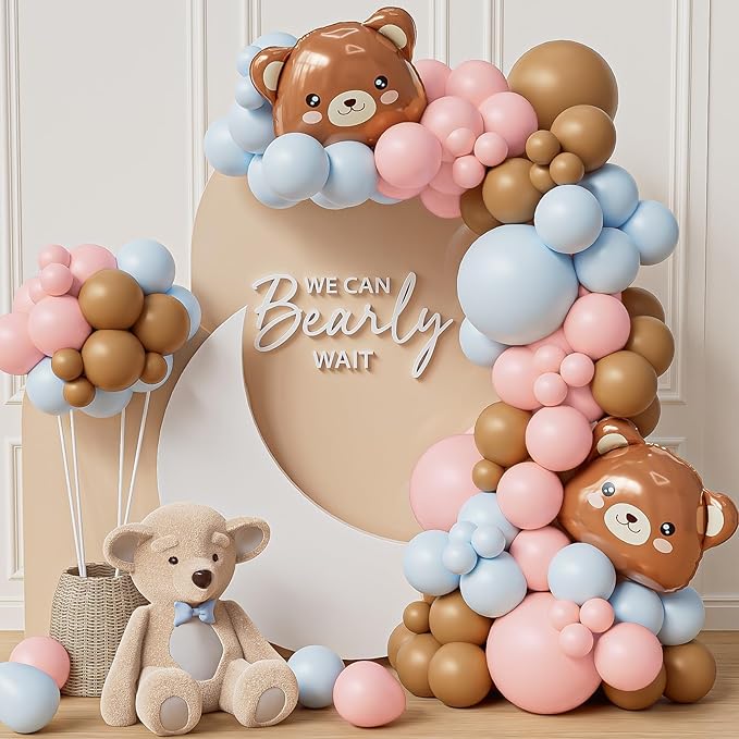 Bear Balloon Garland Arch Kit 121pcs Gender Reveal Blue Pink and Bear Foil Balloons for We Can Bearly Waits Bear Theme Birthday and He or She Gerder Reveal Party Decorations