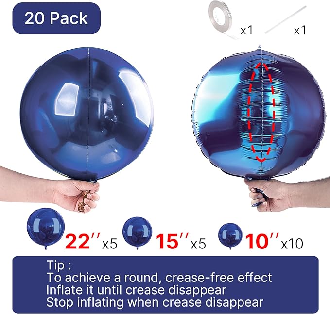 PartyWoo Navy Blue Foil Balloons 20pcs Different Sizes Pack of 22 15 10 Inch Large Round Foil 4D Inflatable Mirror Ball Mylar Balloons for Graduation Men Birthday Space Themed Party Decorations