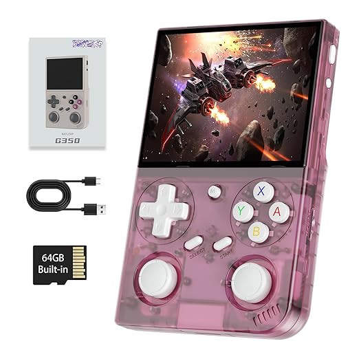 G350 Retro Handheld Game Console , G350 Retro Gaming Console 3.5'' IPS Screen Linux System Built-in 64G TF Card 20+Emulators Pre-Installed 4371 Games Retro Game Console with 3200mAh Battery Pink