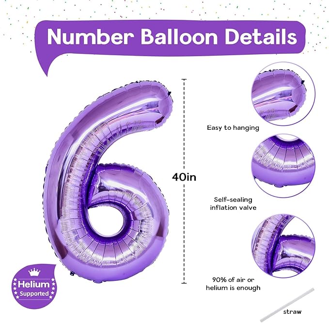 Purple Number 6 Balloon for Girls 6th Birthday, 40 Inch Number Foil Balloon 6, Mylar Helium Large Balloon for Kids 6 Years Old Birthday Party Decor Anniversary Graduation Party Decorations Supplies