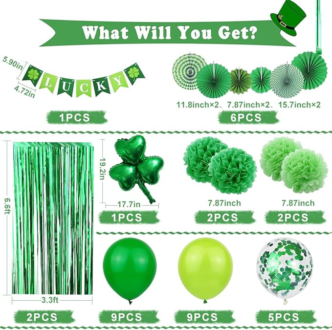 St Patrick's Day Decorations Kit, 37 Pcs Saint Patricks Day Shamrock Decorations Foil Fringe Curtains, Tissue Poms, Paper Fan, Lucky Banner, Foil Balloons Decor for Home Party Supplies
