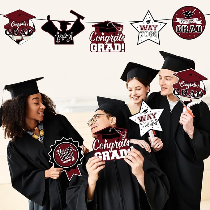 24Pcs Graduation Party Decorations Class of 2026, Graduation Centerpieces for Tables, 2026 Congrats Grad Party Centerpiece Stick Table Toppers for Graduation Party Supplies (Maroon)