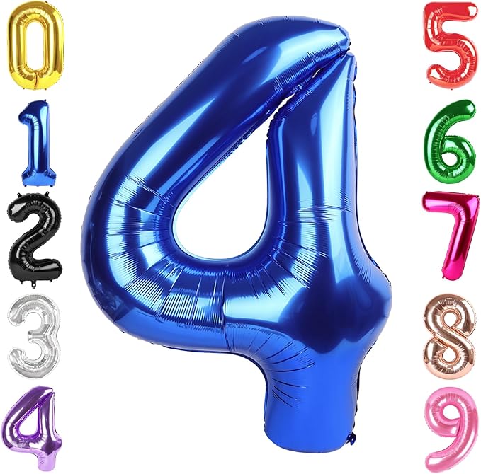 40 Inch Metallic Blue Number 4 Balloon, Giant 4 Number Balloons for 4th Birthday Decorations, Party Supplies for Baby Boy Girl, Metallic Blue Party Decor