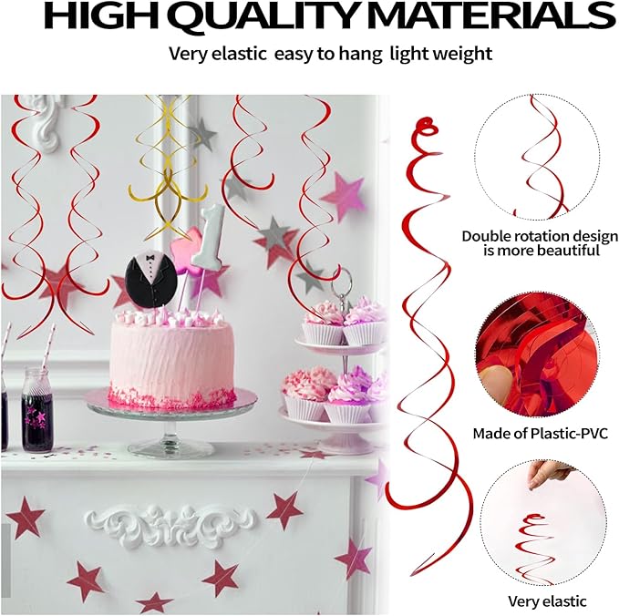 30 Pieces Hanging Swirl Party Decorations Ceiling Spiral Plastic Streamer for Birthday Graduation Wedding Celebration Baby Shower Party（Red）