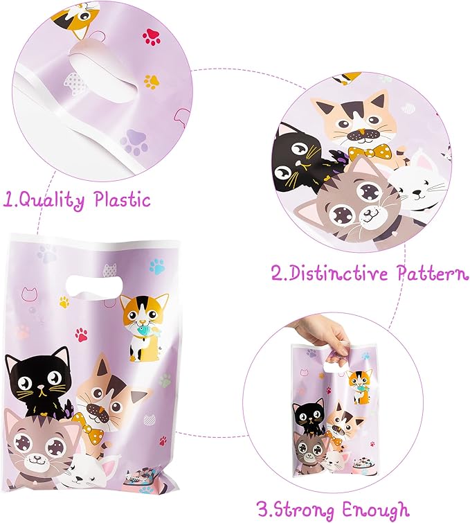 3sscha 50Pcs Cat Party Favor Bags Cute Kitten Themed Purple Waterproof Goodies Cookies Bag with Die Cut Handles Animals Pet Paw Glossy Plastic Gift Pack for Kid Birthday Party Decoration Supplies
