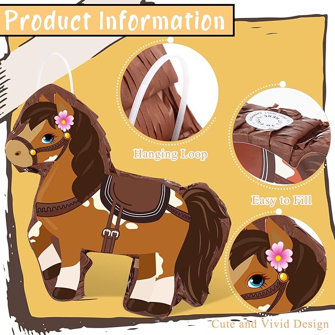 Horse Piñata Cowgirl Piñata for Birthday Girl with Bat Stick Blindfold Mask for Horse Birthday Cowgirl Party Game Decor Supplies, 15 x 13.4 x 3.2 Inch