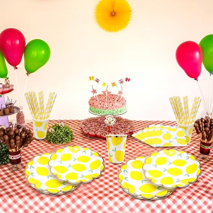 MaitianGuyou 40Pcs 7Inch Lemon Party Decorations Lemon Plates,Yellow Summer Birthday Plates Border Tableware for Summer Wedding Birthday Garden Party Supplies Table Decorations