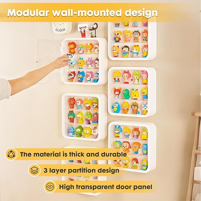 Display case for Figures with Light, Adjustable Acrylic Display Figures, Wall-Mounted Clear Display Box with Door Dust and Moisture Proof for Lego Collectibles Figures and Pop Mart