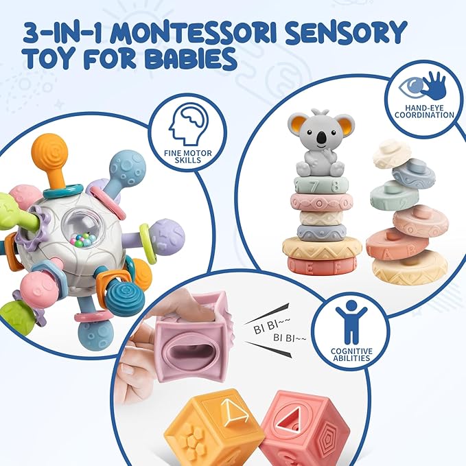 Montessori Baby Toys 3-in-1 Set for Sensory Development, Teething Toys, and Early Education - Gift for Toddler Baby 0-3-6-12-18 Months
