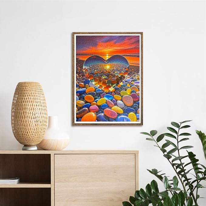 500 Piece Jigsaw Puzzle for Adults Heart-Shaped Sunset Beach Pebbles Colorful Stones Scenic Ocean View Puzzle Challenging 500pc Art Puzzle for Adults & Families (20x15 Inches)