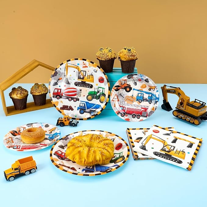 WERNNSAI Construction Birthday Supplies - 48PCS Construction Party Plates and Napkins Truck Theme Party Supplies Dump Truck Party Tableware Set for Boys Kids Baby Shower Birthday Serves 16 Guests