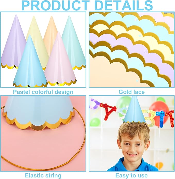 24 Pcs Pastel Birthday Party Hats Colorful Cone Birthday Hats Rainbow Cone Paper Hat with Elastic String for Baby Shower Bridal Wedding Party Supplies