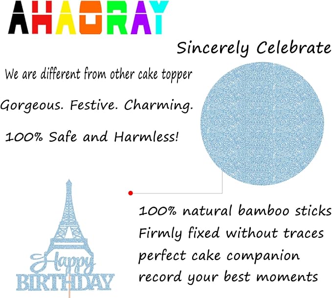 Eiffel Rower Birthday Cake Topper - Light Blue Glitter Eiffel Rower Theme Birthday Party Cake Decoration Supply - Boy or Girl Architecture Theme Party Cake Decor Photo Prop