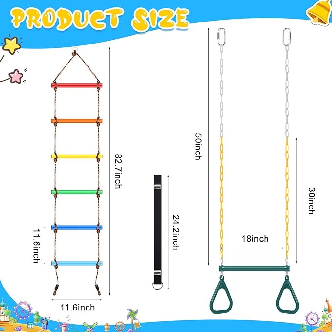 ShinyRelief 2 Pack Gym Swing Sets 48'' Trapeze Swing Bar Monkey Bar Heavy Duty Chain with Locking 6.8ft Climbing Rope Ladder Climbing Game for Accessories Tree House Playground Outdoor Play(Green)