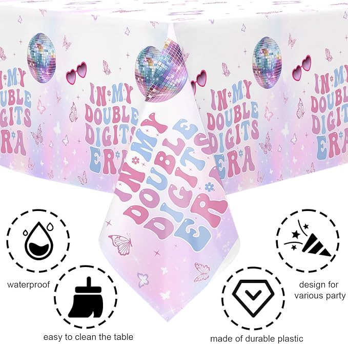 MEHOFOND 3 Pack 10th Birthday Tablecloth Decorations for Girls, in My Double Digits Birthday Plastic Disposable Table Cloth Purple Girl Music Disco Theme 10 Birthday Theme Table Cover Party Supplies