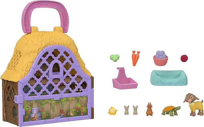 Mattel Disney Wish Micro Figure & Doll House Playset, Star & Valentino of Rosas Portable Set with Valentino the Goat & Star Figures & 10 Accessories, Travel Toy