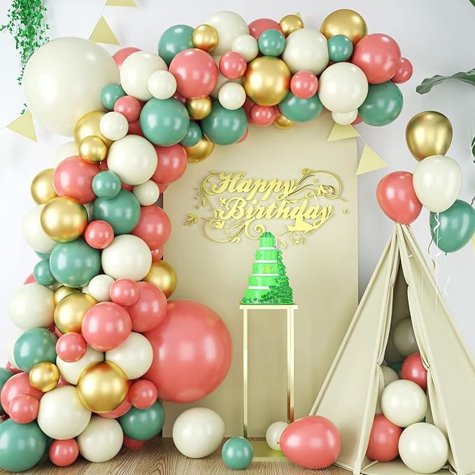 Sage Green Pink Balloon Garland Arch Kit, Green and Retro Pink Metallic Gold Latex Balloons for Baby Shower Wedding Birthday Graduation Anniversary Bachelorette Party Background Decoration