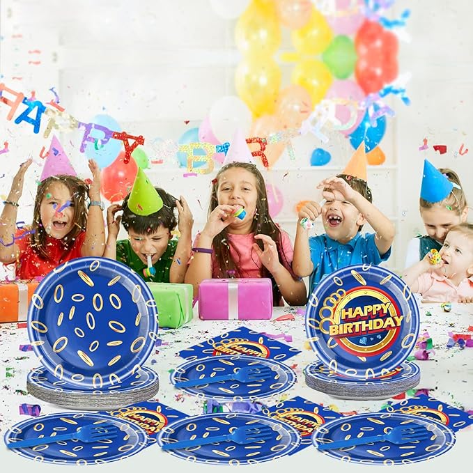 Blue Gold Ring Birthday Plates & Napkins Party Supplies, Blue-gold ring pattern Disposable Happy Birthday Party Tableware Set