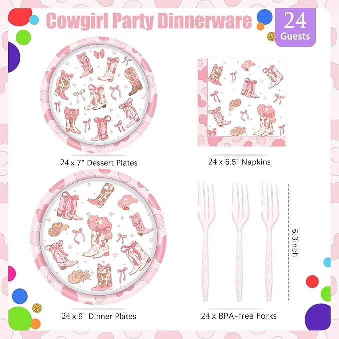 96 Pcs Cowgirl Party Supplies, Western Cowgirl Birthday Party Decorations Plates Set Includes Plate, Napkin, Forks, for Girl Birthday Decorations Baby Shower- Serve 24