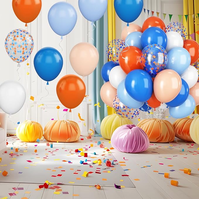 Orange and Blue Balloon, 12 Inch Blue White Orange Balloons Pastel Orange Balloons, Light Blue and White Confetti Balloon for Kids Birthday Baby Shower Graduation Engagement Party Decor
