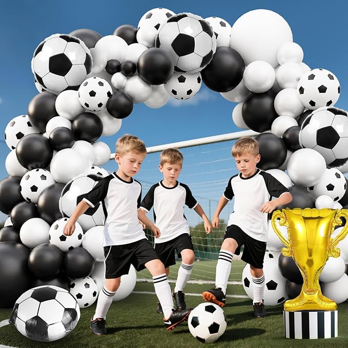 Soccer Balloon Garland Arch Kit, 98Pcs 18 12 10 5 inch Black White Soccer Balloons with 18inch Football Foil Balloons for Sports Theme Soccer Party Decorations