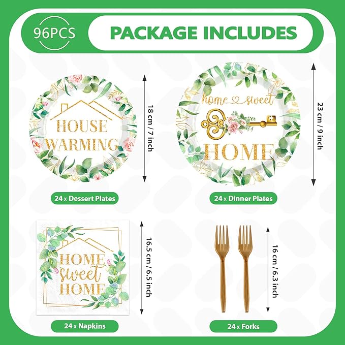 Grencian 96Pcs House Warming Party Decorations Housewarming Plates and Napkins Disposable Green Leaves Pink Floral Home Sweet Home Paper Tableware Set for New House Wedding Party Supplies, Serves 24
