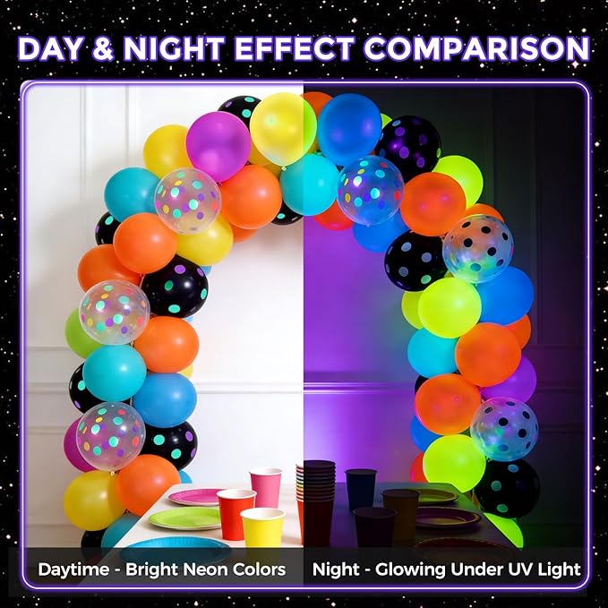 LovesTown 66PCS Glow Party Assortment, UV Neon 12" Fluorescent Latex Decorations with Dots for Birthday, Wedding & Party Supplies (Pack of 2)