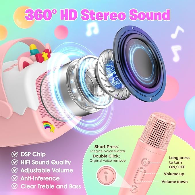 Mini Karaoke Machine for Kids Girls: Unicorn Portable Bluetooth Speakers with 2 Wireless Mic Easter Birthday Gifts for 5 6 7 8 9 10 11 Years Teen Toys for Girls Age 4-6 7 8 9 Basket Stuffers Pink