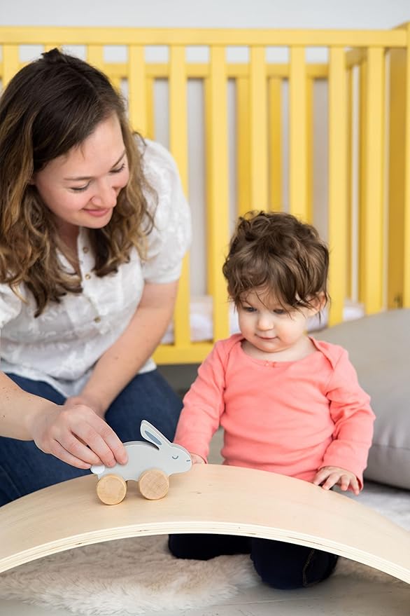Pearhead Montessori Wooden Bunny Push-Pull Toy for Toddlers – Baby Easter Basket, Easter Bunny Gift for Toddlers, Gray Rolling Rabbit Encourages Motor Skills & Imaginative Play, 12M+