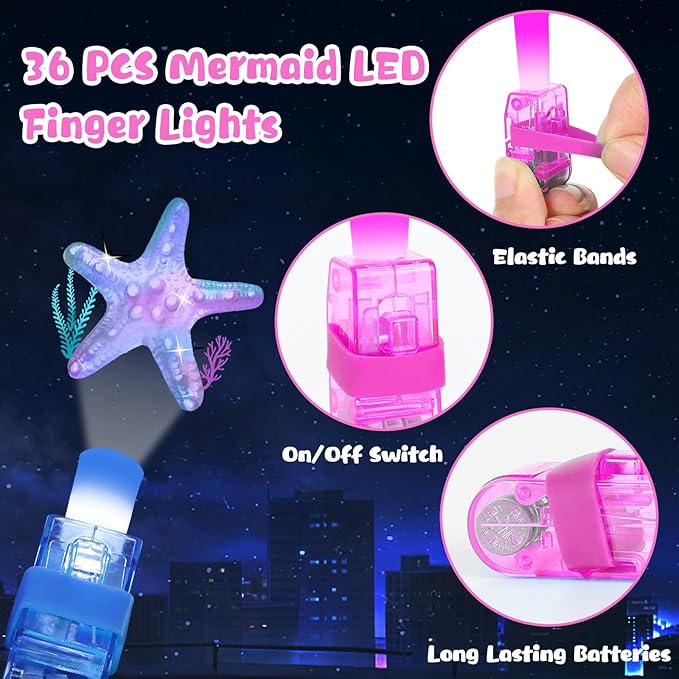 36Pcs Mermaid LED Finger Lights Mermaid Party Favors Glow in the Dark Light Up Finger Lights Ocean Themed Toys Bulk for Under The Sea Birthday Party Goodie Bag Stuffer Birthday Gifts Classroom Prize
