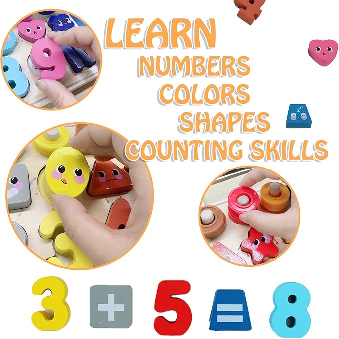 QZMTOY Wooden Montessori Toys for Kids, Toddler Number Puzzles Sorter Counting Shape Stacker Stacking Game Preschool Toys for Boy Girl Learning Education Math Blocks Chunky Puzzles Gift for Toddlers