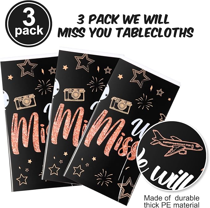 Tatuo 3 Pieces We Will Miss You Tablecloth Going Away Party Decorations Retirement Themed Table Cover Stars Disposable Plastic Table Cloth for Farewell Anniversary Party Supplies (Rose)