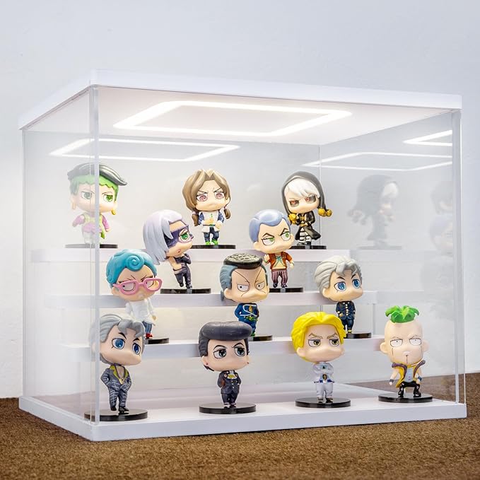Clear Acrylic Display Case with Light , 4 Tier Display Box Stand Assembly Dustproof Protection Showcase for Collectibles Action Figures (White 12.6×9.6×10.6in; 32×24.5×27cm)