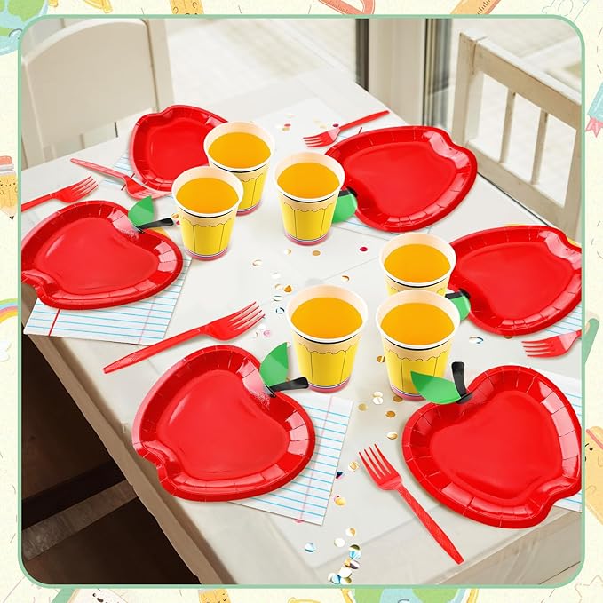 Bokon 96 Pcs/24 Set Preschool Graduation Decoration Apple Paper Plate Napkin and Cup First Day of School Party Supply Disposable Tableware for Teacher Kindergarten Graduation Back to School Party