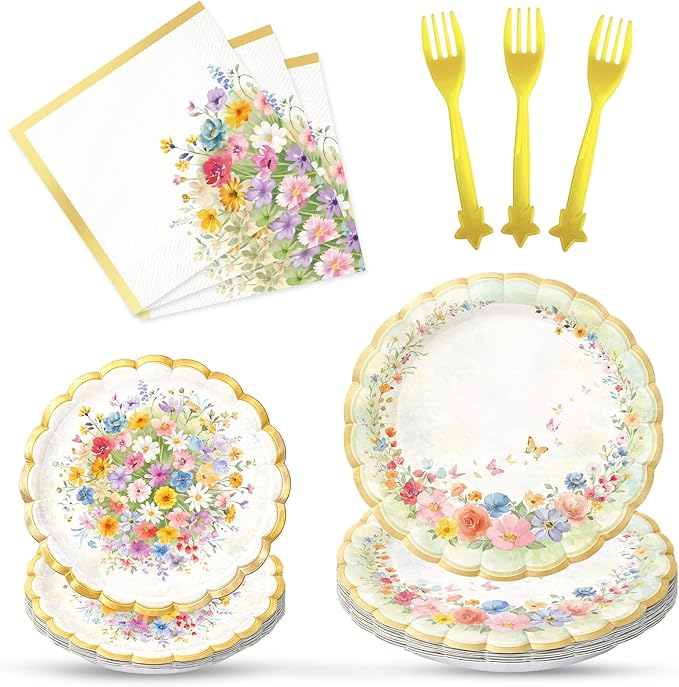 WERNNSAI Windflower Party Decorations - 64PCS Floral Plates Napkins Forks Windflower Tableware Set Spring Floral Party Supplies for Kids Girls Birthday Baby Shower Picnic Wedding Serves 16 Guests