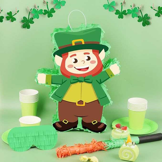 Hooqict St Patricks Day Pinata St. Patrick's Kids Party Games Green Leprechaun Pinata with Blindfold and Bat Stick for Boys Girls Happy St.Patrick's Day Decorations Birthday Party Supplies