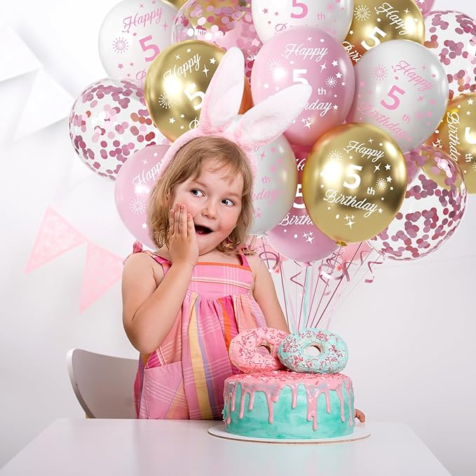 Pink 7th Birthday Balloons - 16pcs Pink & Gold, Happy 7th Birthday Confetti Balloons for Princess Theme Party Decorations