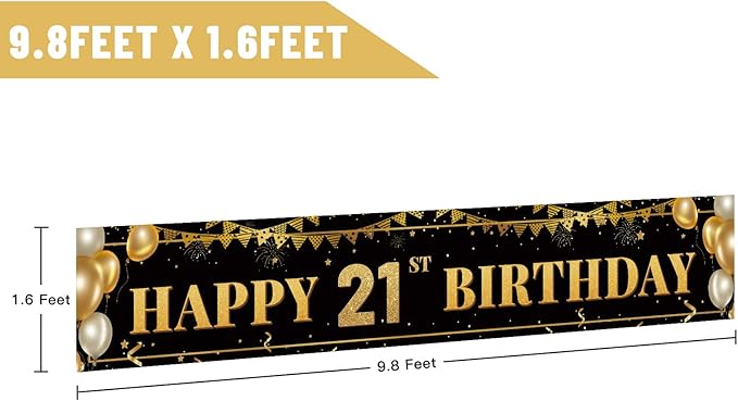 Large Happy 21st Birthday Decoration Banner, Black and Gold Birthday Banner Sign, 21st Party Decorations Supplies (9.8x1.6ft)
