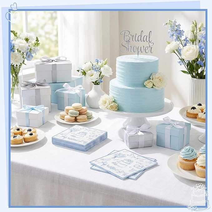 100 Pcs Wedding Napkins, Blue and White Engagement Cocktail Napkins Something Blue Bridal Shower Napkin for Bachelorette Party, Wedding, Bridal Shower