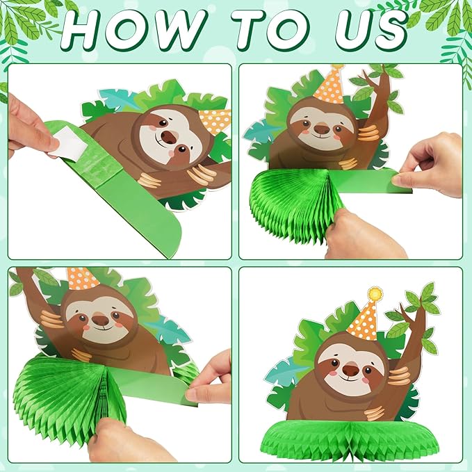 Sloth Birthday Party Decorations Set Sloth Theme Happy Birthday Banner Cake Toppers and 3 Pieces Honeycomb Table Centerpiece for Baby Shower