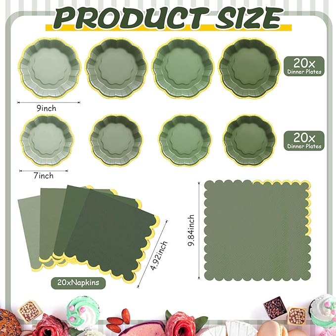 Vesici 60 Pcs Sage Green Party Plates with Napkins 9 Inch 7 Inch Paper Plates and Disposable Napkins with Gold Foil Border for Tea Birthday Bridal Baby Shower Wedding Party Supplies