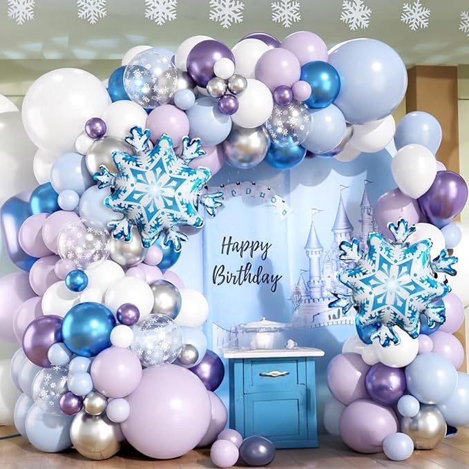 Frozen Birthday Balloon Arch Kit, Metallic Purple Blue Silver Snowflake Balloons for Girls Winter Theme Birthday Snow Theme Party Baby Shower Winter Party Decorations